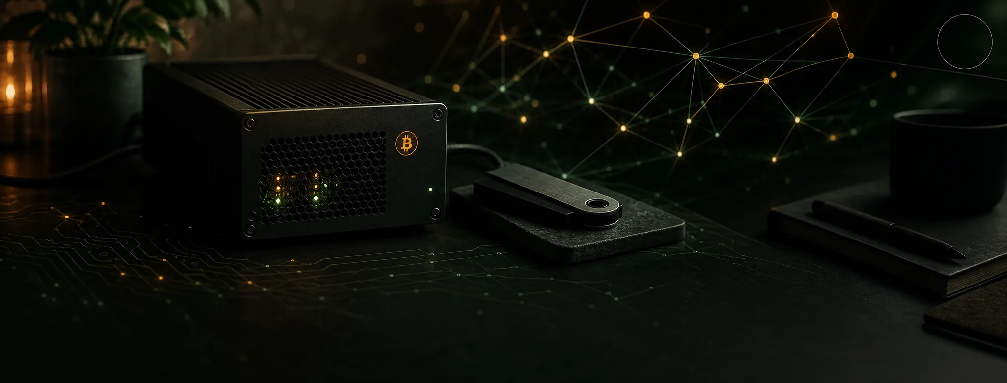 Bitcoin node and hardware wallet on a dark desk