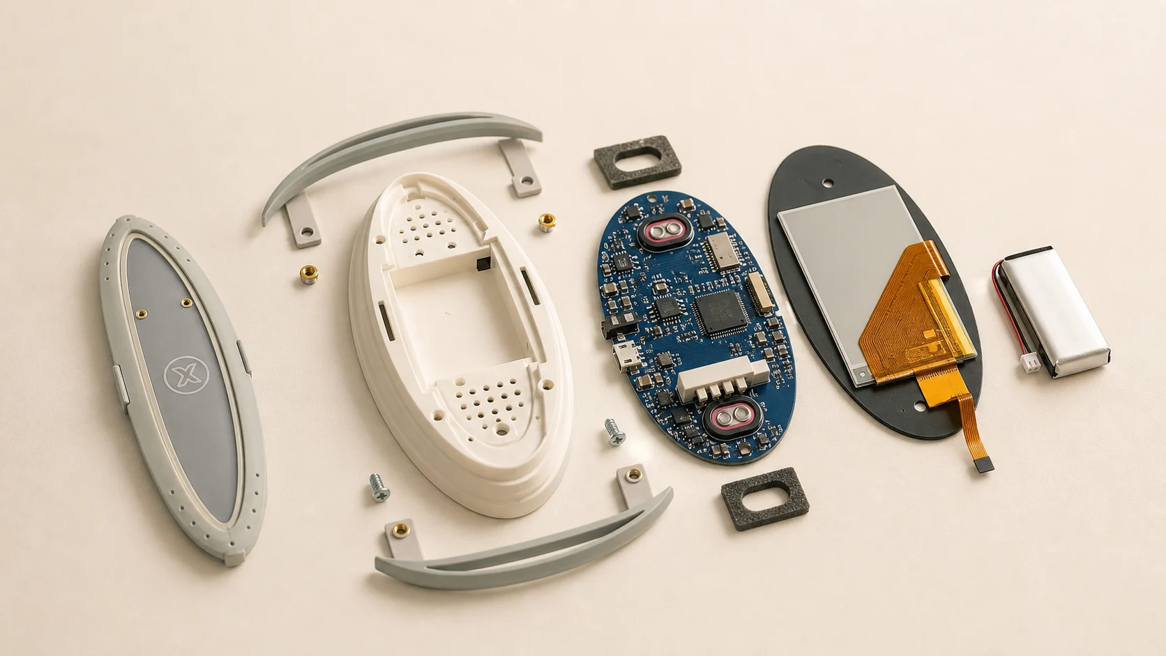 Bioresonance handheld device — exploded view with PCB, display, housing and battery